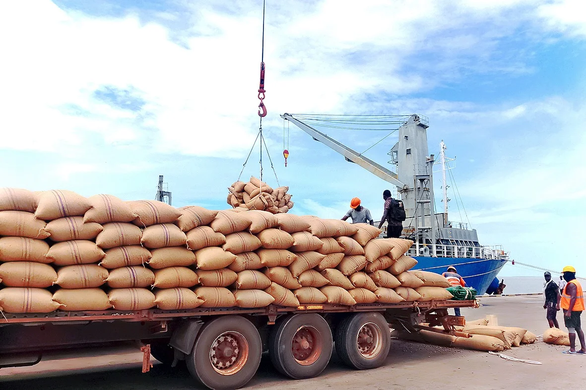Movimentacao de sacos de carga junto a um navio